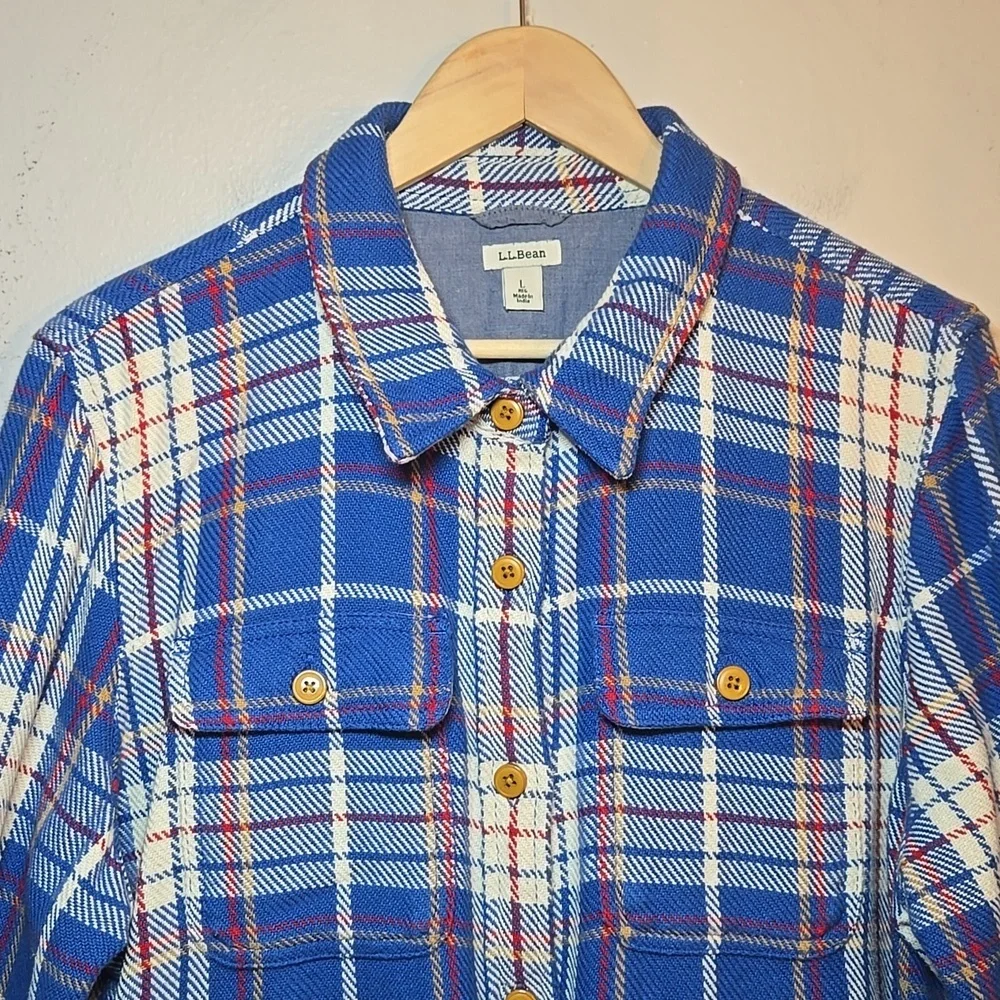 L.L. Bean Blue Plaid Button Front Knit Cotton Pocket Shirt Shacket NWOT